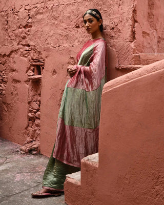 Green metallic saree with color block blouse