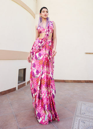 Pink-purple floral pre-draped saree and blouse