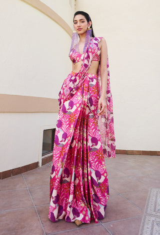 Pink-purple floral pre-draped saree and blouse