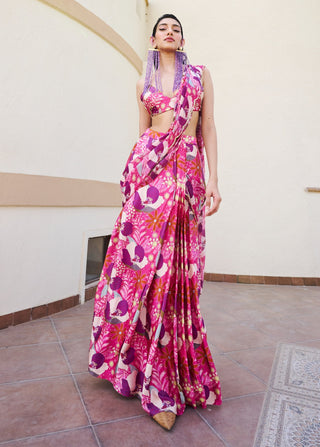 Pink-purple floral pre-draped saree and blouse