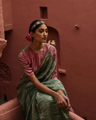 Green metallic saree with color block blouse