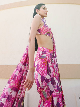 Pink-purple floral pre-draped saree and blouse