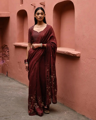 Mahogany hand embroidered saree with brown blouse