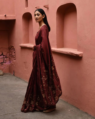 Mahogany hand embroidered saree with brown blouse