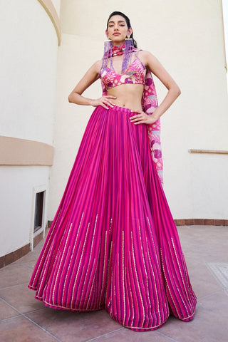 Pink-purple striped lehenga set