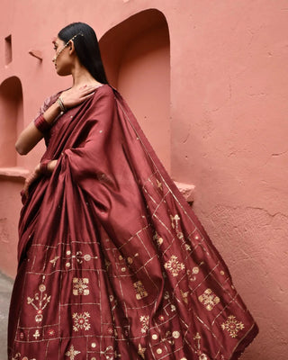 Mahogany hand embroidered saree with brown blouse