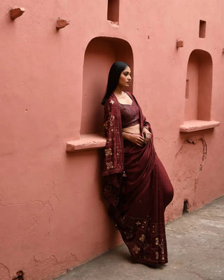 Mahogany hand embroidered saree with brown blouse