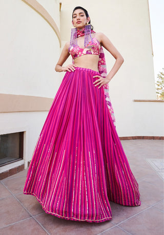 Pink-purple striped lehenga set