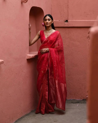 Vermillion half and half saree with blouse