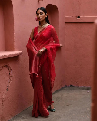 Vermillion half and half saree with blouse