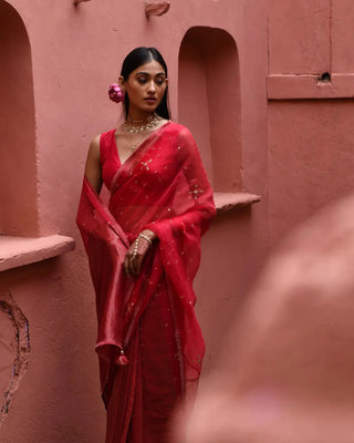 Vermillion half and half saree with blouse