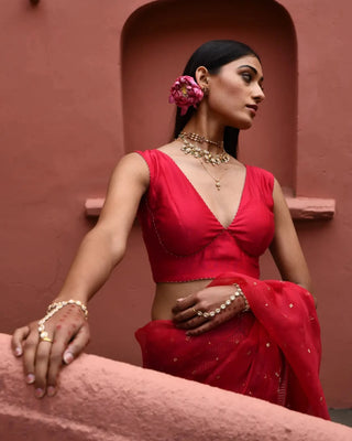 Vermillion half and half saree with blouse