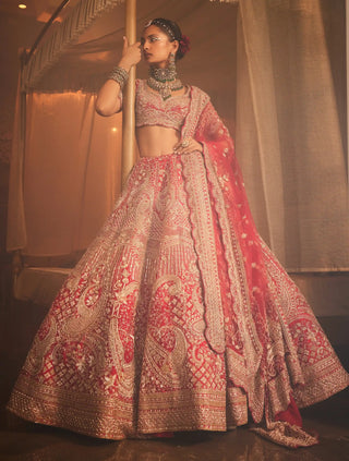 Frosty red embroidered lehenga set