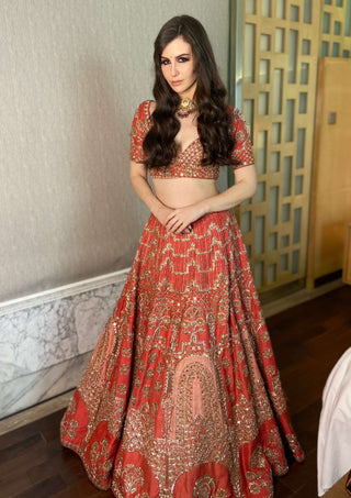 Scarlet red raw silk lehenga set