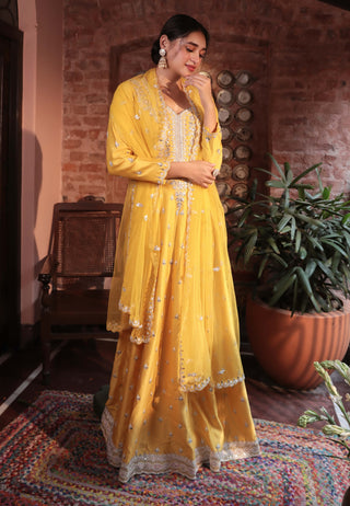 Mustard embroidered anarkali suit set