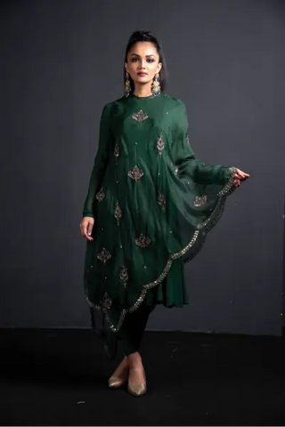 Green anarkali with drape dupatta