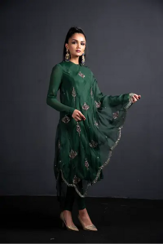 Green anarkali with drape dupatta