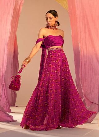 Purple cowl blouse, palazzo and choker dupatta