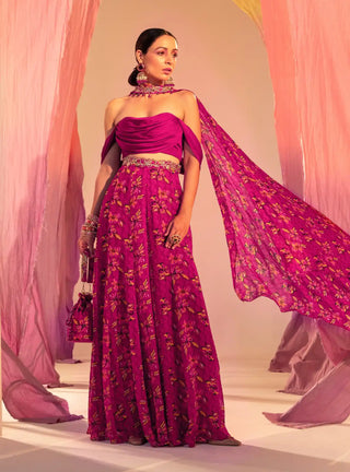 Purple cowl blouse, palazzo and choker dupatta