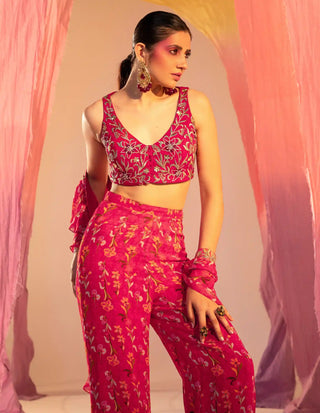 Rani pink printed blouse, pant and dupatta