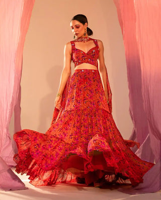 Rust orange printed tiered lehenga set