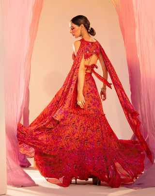 Rust orange printed tiered lehenga set