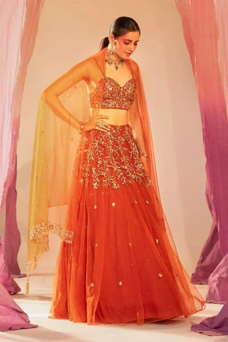 Rust orange bustier lehenga set