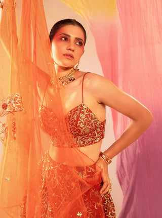 Rust orange bustier lehenga set