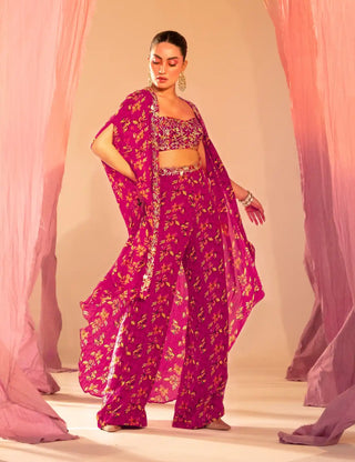 Purple printed cape and straight pant set