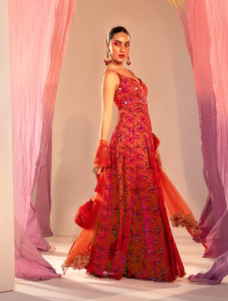 Rust orange printed slit anarkali and dupatta