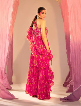 Rani pink printed anarkali and frill dupatta