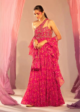 Rani pink printed anarkali and frill dupatta