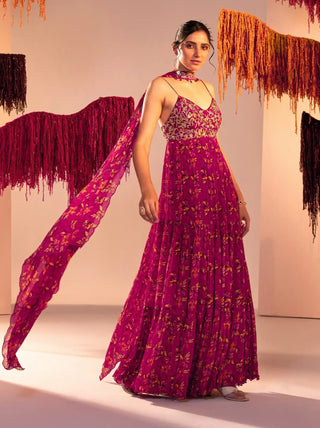 Purple printed tiered anarkali and dupatta