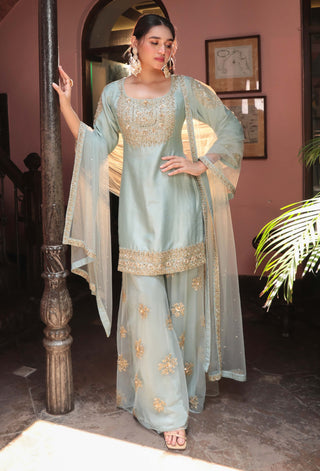 Dusty firoza embroidered kurta and sharara set