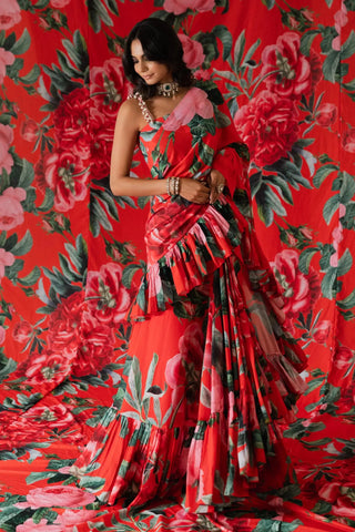 Red floral printed ruffle saree with a blouse