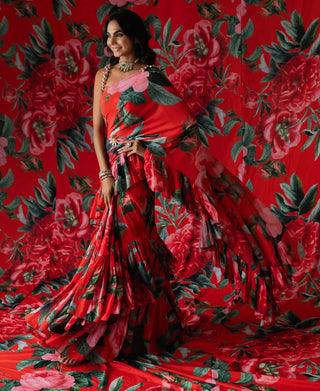 Red floral printed ruffle saree with a blouse