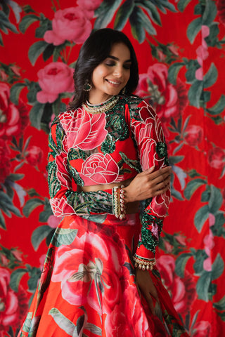 Red floral lehenga set