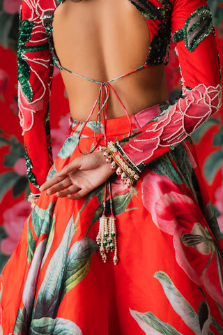 Red floral lehenga set