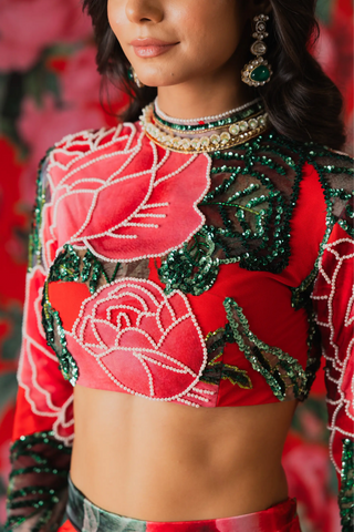 Red floral lehenga set