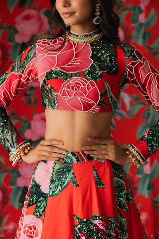 Red floral top and skirt