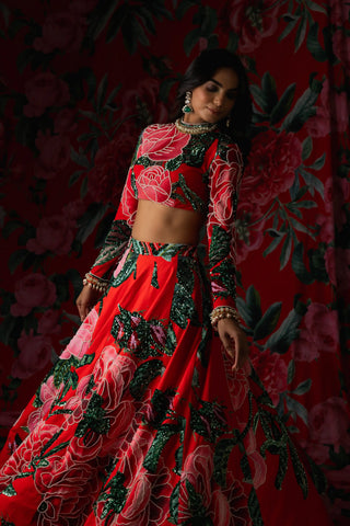 Red floral top and skirt