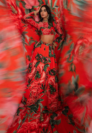 Red floral top and skirt