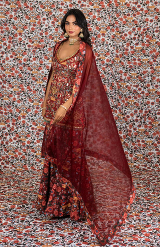 Maroon printed kurta sharara sets