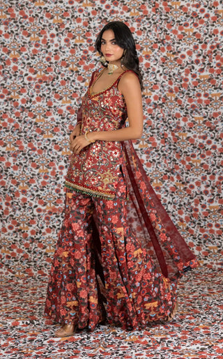 Maroon printed kurta sharara sets