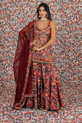 Maroon printed kurta sharara sets