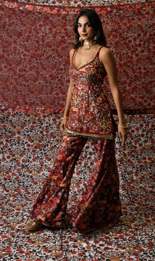 Maroon printed kurta sharara sets