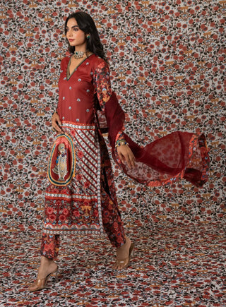 Maroon srinathji kurta paired with printed pants and dupatta