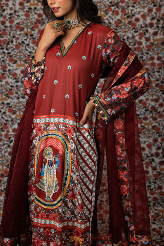 Maroon srinathji kurta paired with printed pants and dupatta