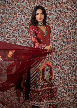 Maroon srinathji kurta paired with printed pants and dupatta