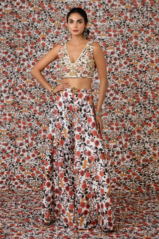 Chintz printed crop top paired with flared pants